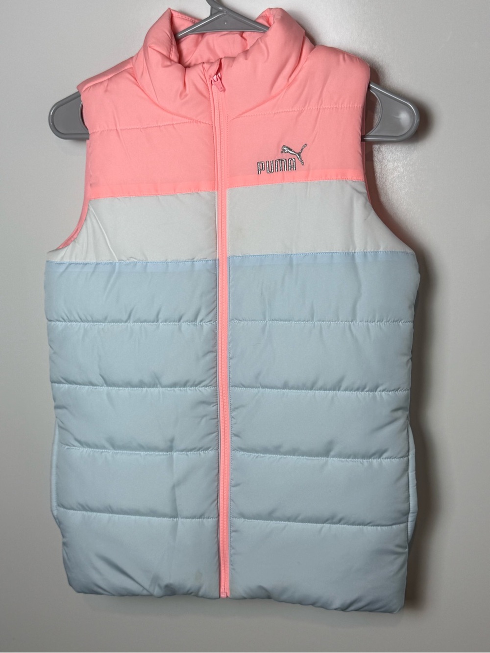 Puma Girls M 10/12 Y2K Puffer Vest Pink Blue Colorblock Streetwear Jacket
